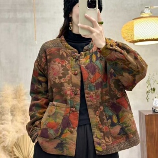 复古新中式印花盘扣夹棉棉衣女士秋冬宽松休闲民族风加厚棉服外套