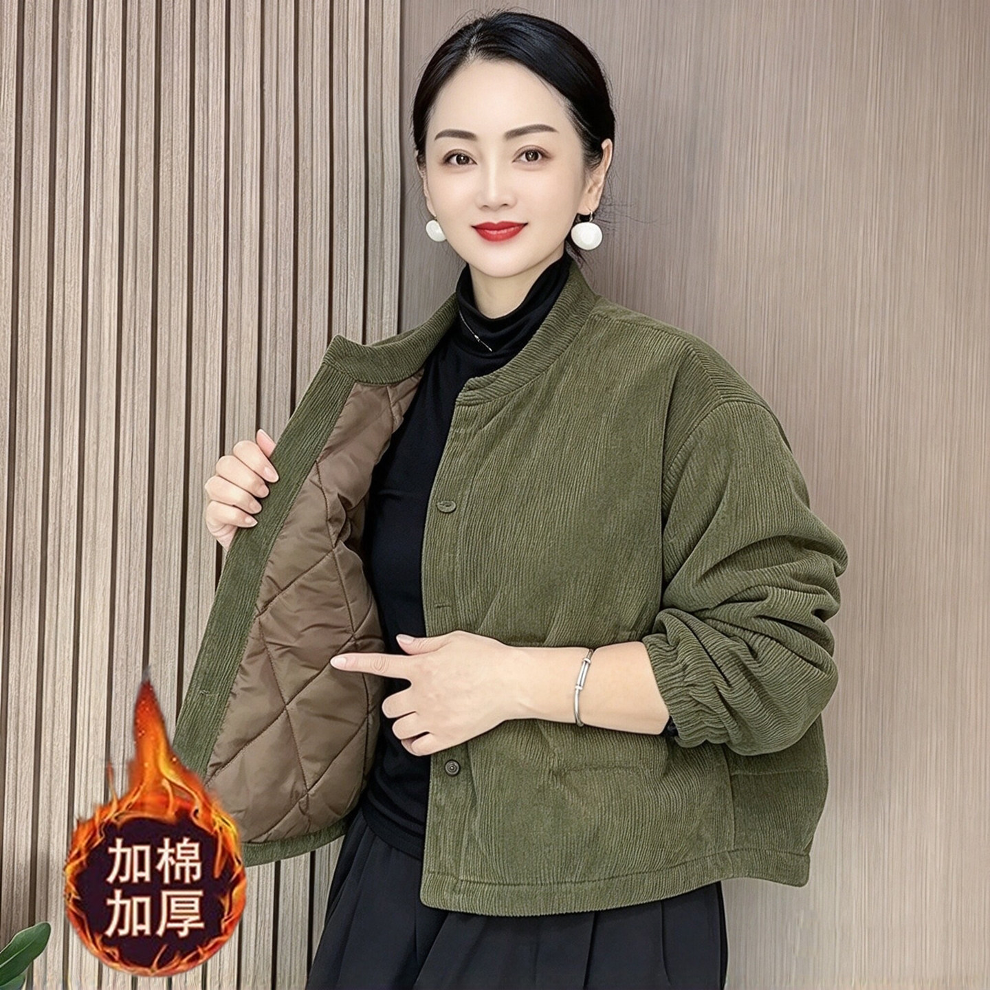 灯芯绒立领加棉加厚保暖妈妈棉衣