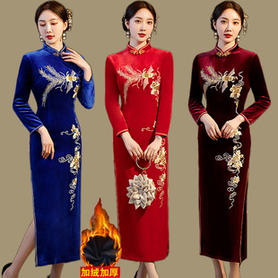 旗袍长款重工刺绣加绒加厚秋冬新喜婆婆婚宴装妈妈礼服复古连衣裙