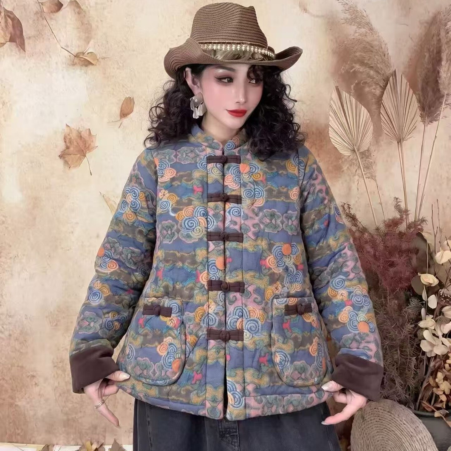 秋冬盘扣印花加绒加厚女棉服外套