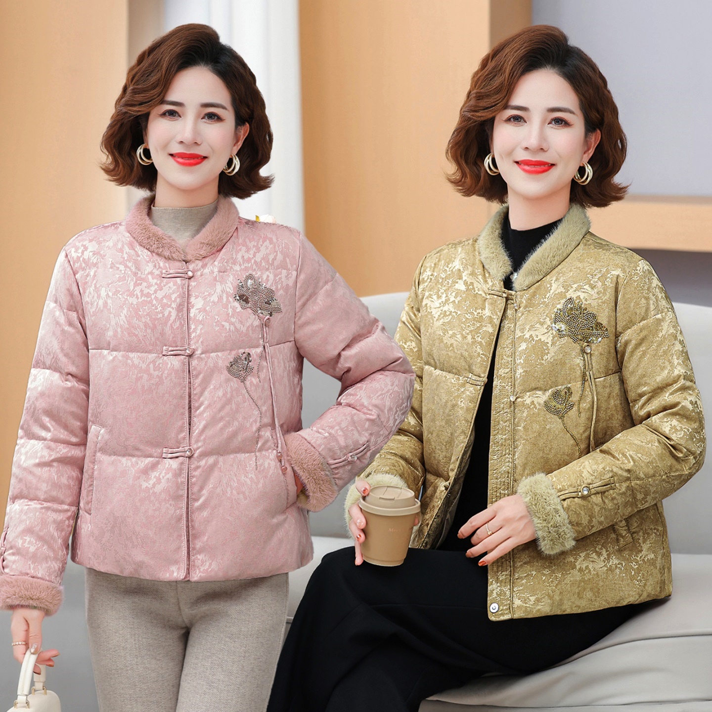 新中式国风白鸭绒手工钉珠羽绒服