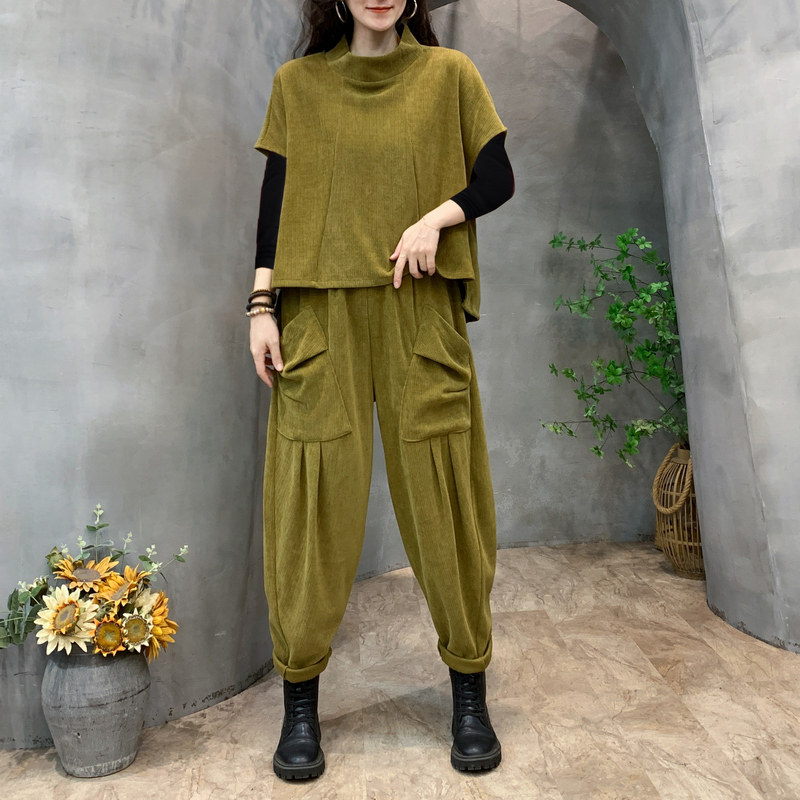 2025秋季新款时尚套装女宽松大码休闲两件套条绒短袖哈伦裤洋气潮
