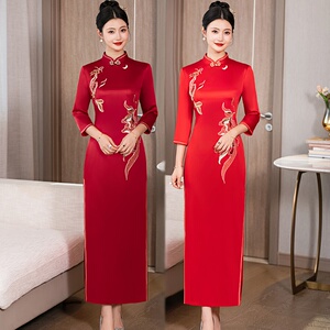 2024新款高端婚宴妈妈装旗袍喜婆婆婚礼服高贵年轻款气质长袖礼服