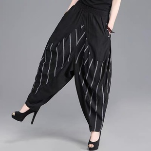 女条纹宽松高腰加肥加大阔腿裤 春夏季 垂感哈伦裤 休闲个性 子 新时尚