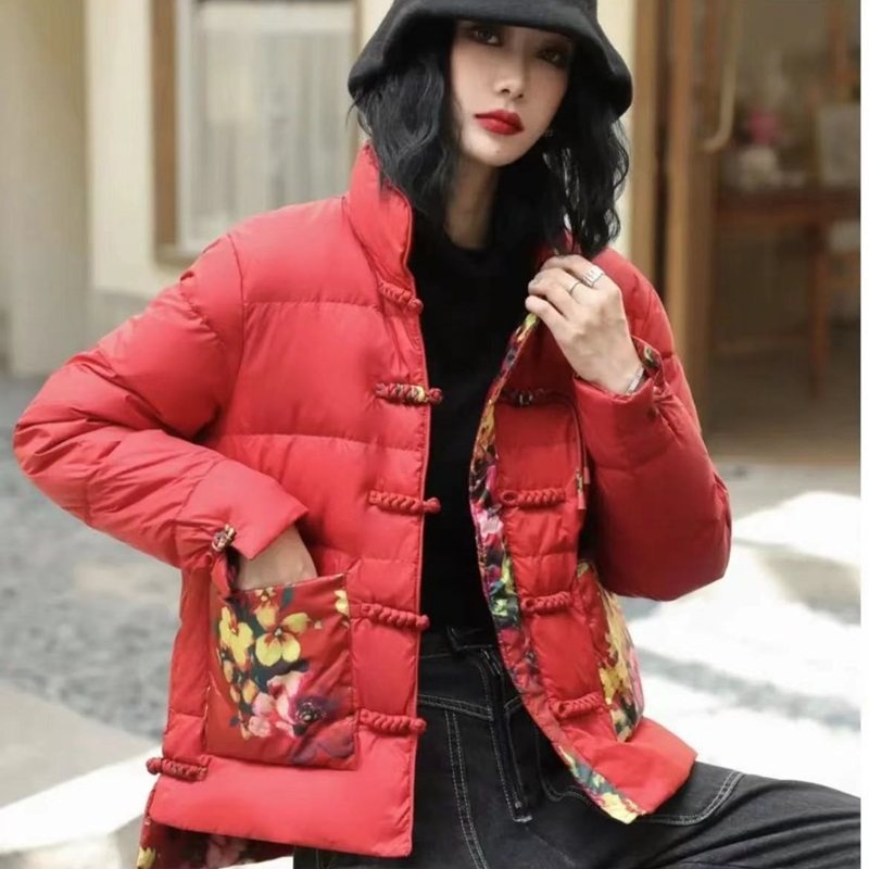 冬季新款时尚洋气印花轻薄羽绒服女复古盘扣国风立领白鸭绒短外套,女装/女士精品,羽绒服,淘宝优惠券,粉丝福利购,淘宝优惠卷