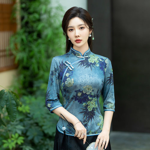 中式复古春夏新款旗袍套装上衣女