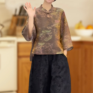 新中式立领印花衬衫女士春夏复古七分袖气质减龄宽松大码显瘦上衣