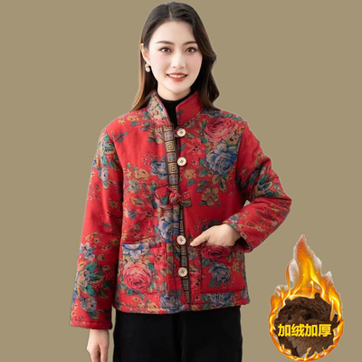 加绒加棉短款民族风宽松版花棉衣