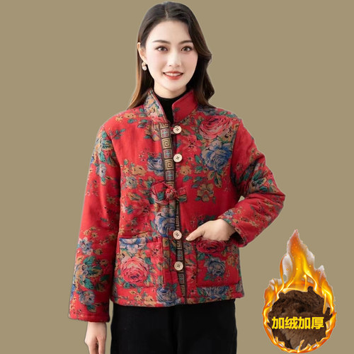 加绒加棉短款民族风宽松版花棉衣