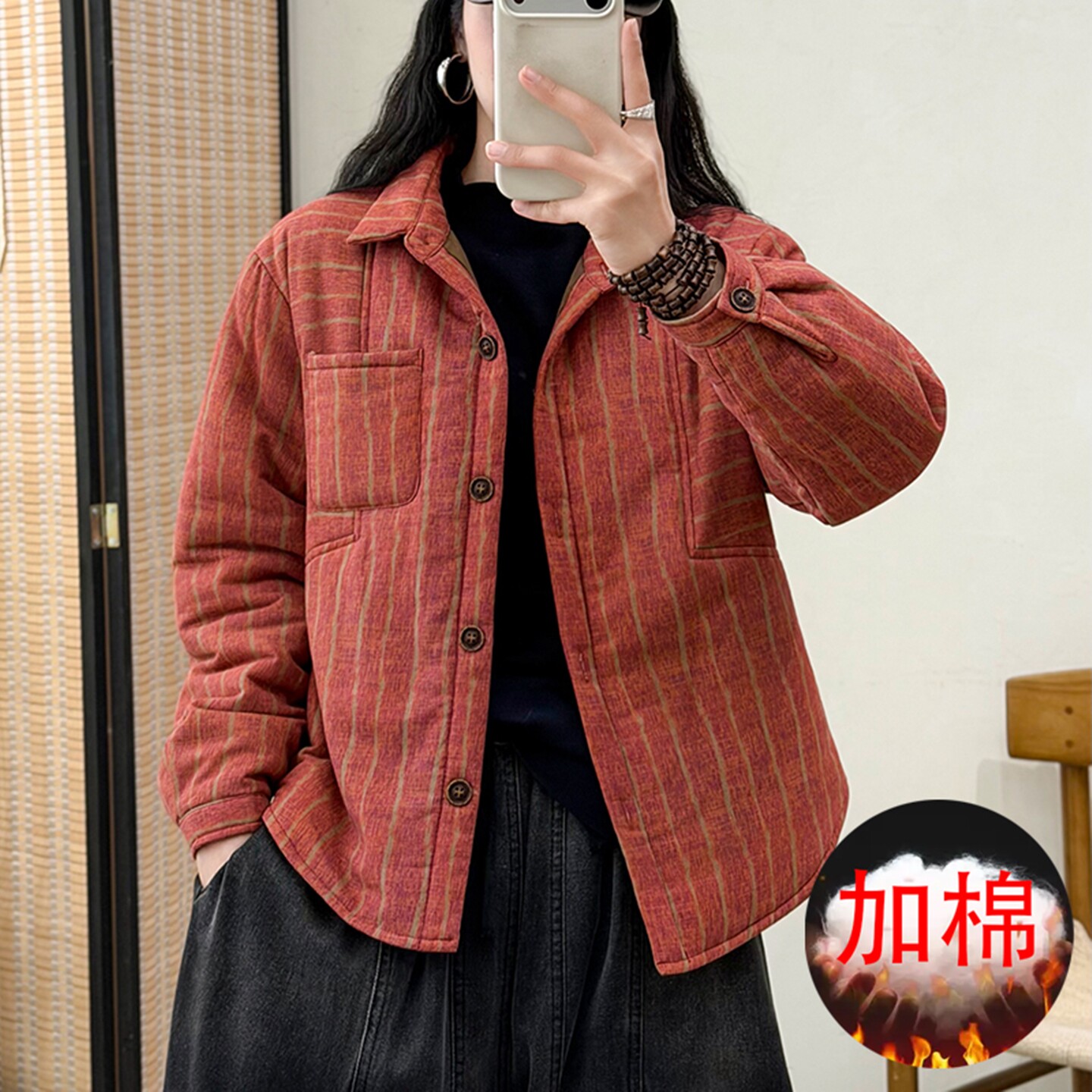 冬季条纹衬衫式夹棉保暖棉服外套
