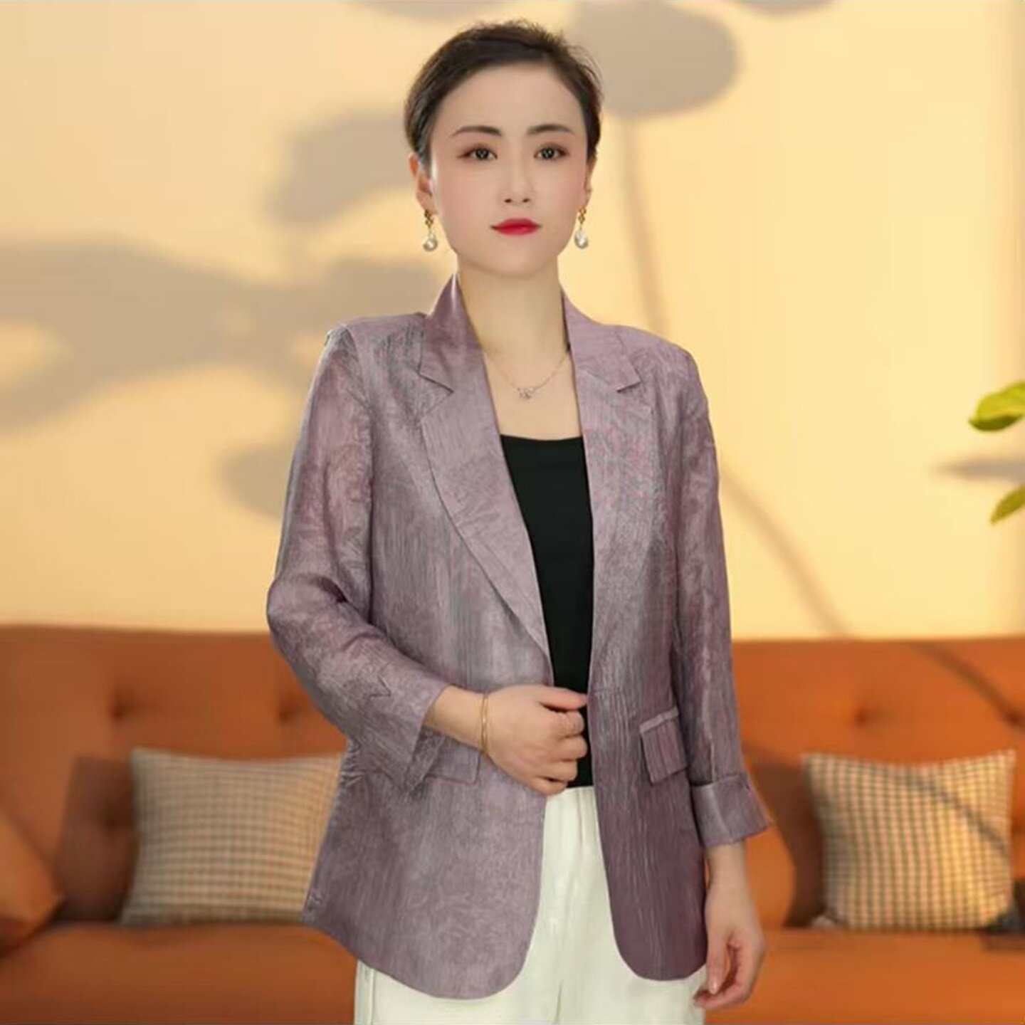 春夏新款气质西装外套女薄款修身显瘦时尚百搭九分袖西服上衣外搭