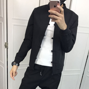 快手网红同款新款春秋男修身夹克社会纯色百搭立领纯色单外套唐装