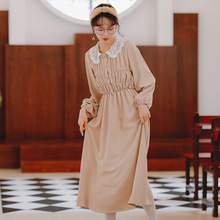 新款 3246 拼接长袖 甜美收腰显瘦打底连衣裙蕾丝翻领清新2019秋季