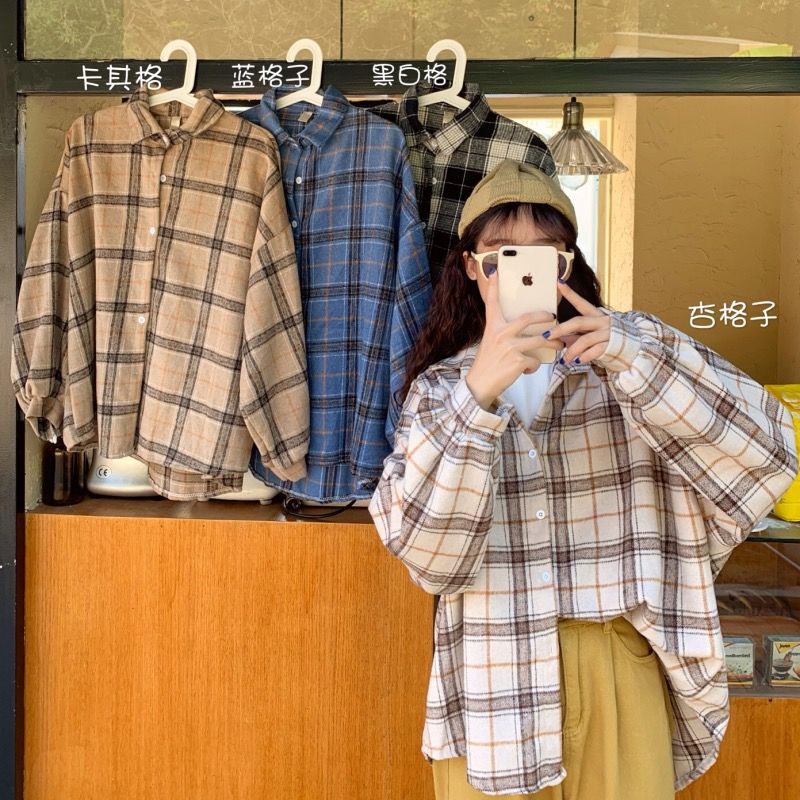 2022韩版春夏薄款格子衬衫女小众盐系宽松复古港味学院风中长外套