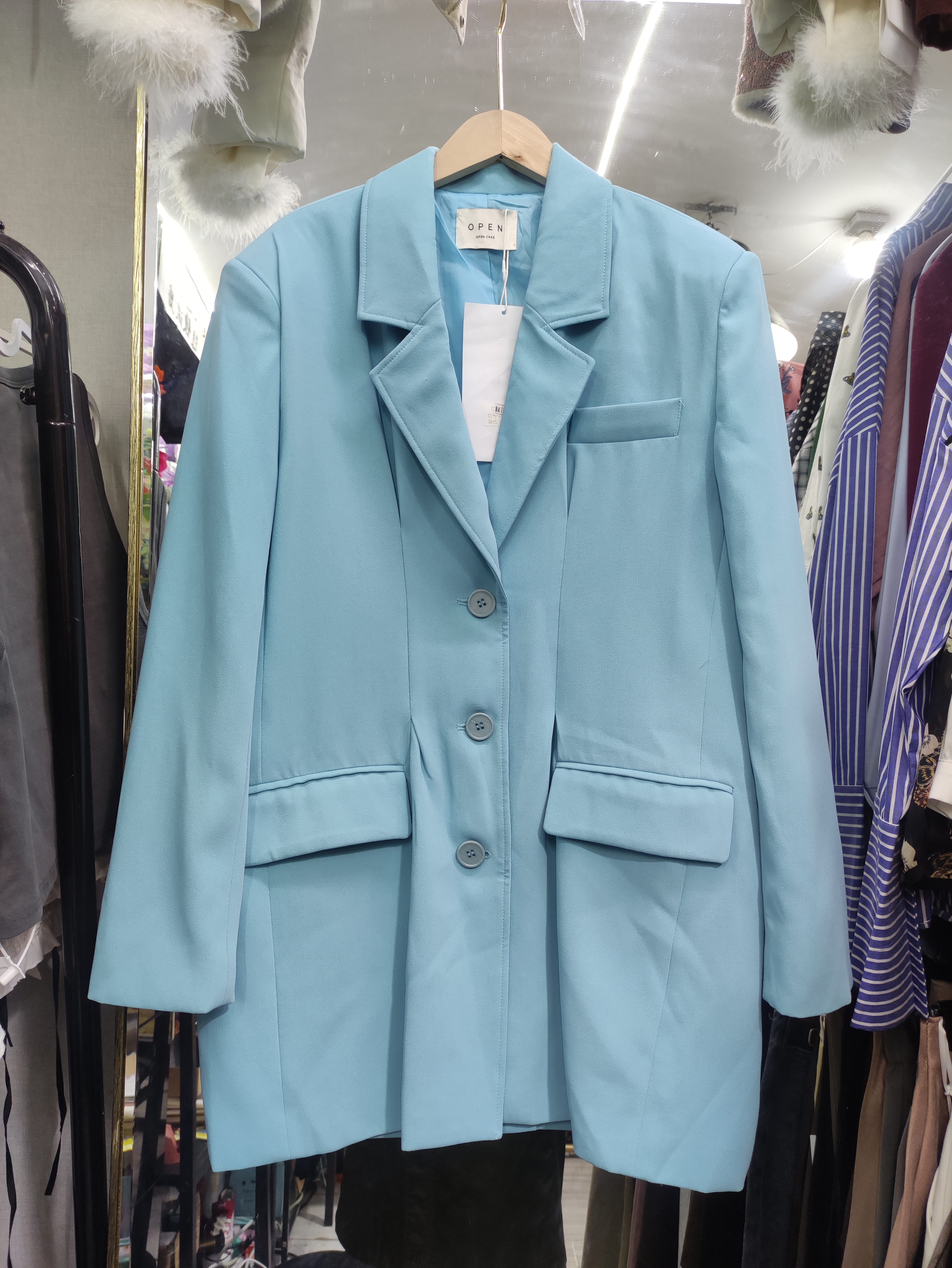 不退不换看好再拍浅蓝色大版休闲中长款西装外套