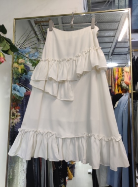 不退不换看好再拍XL码白色不规则半身裙荷叶边A字裙