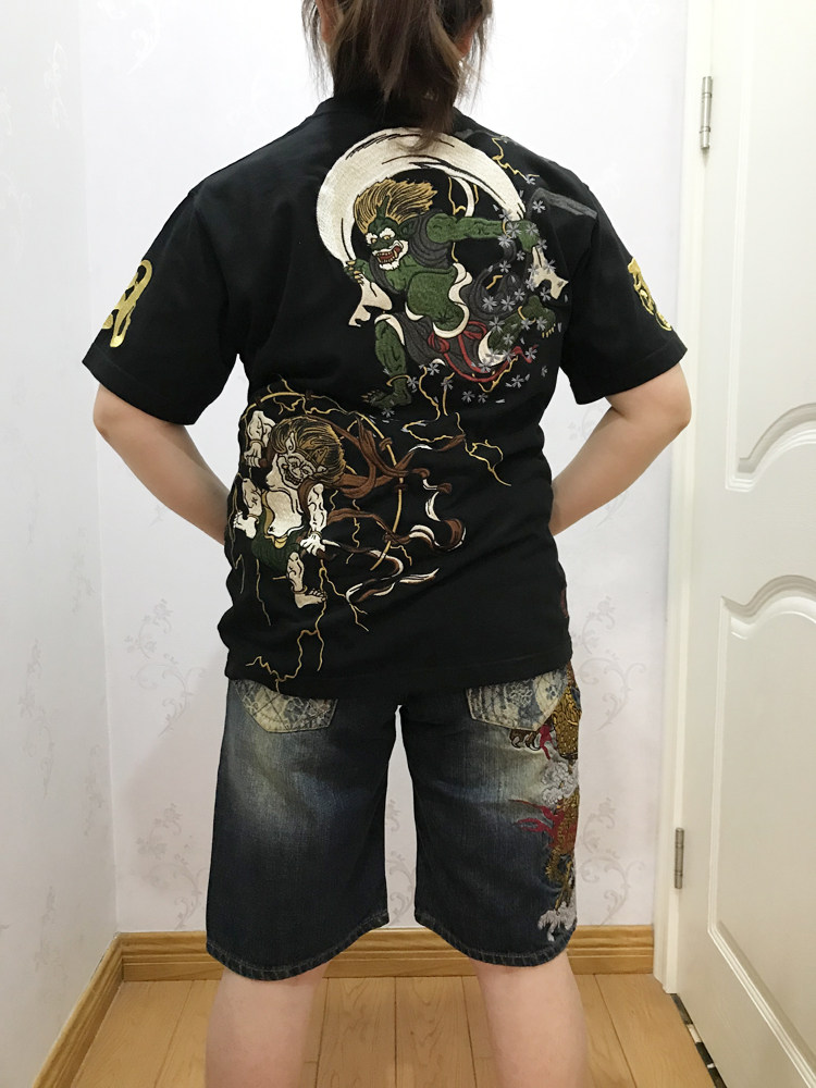 络缲魂KARAKURI浮世绘风雷神刺绣男式短袖T恤纯棉情侣装夏季宽松