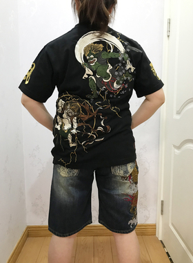 络缲魂KARAKURI浮世绘风雷神刺绣男式短袖T恤纯棉情侣装夏季宽松