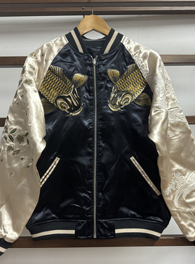 络缲魂KARAKURI和柄浮世绘鲤鱼樱花刺绣男士色丁布绸缎夹克外套