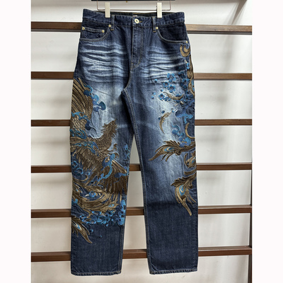络缲魂KARAKURI和柄浮世绘凤凰刺绣男式牛仔长裤宽松直筒