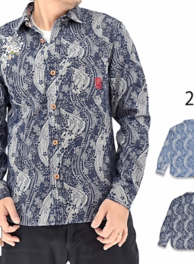 络缲魂KARAKURI和柄浮世绘樱花刺绣男士提花牛仔休闲衬衫