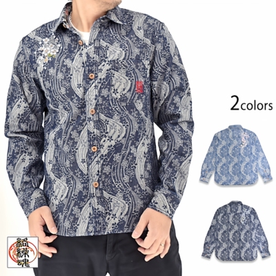 络缲魂KARAKURI和柄浮世绘樱花刺绣男士提花牛仔休闲衬衫