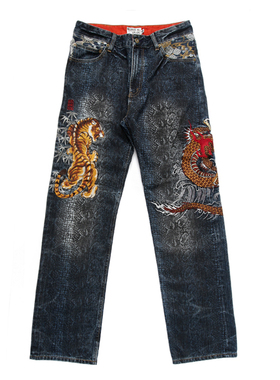 络缲魂KARAKURI和柄浮世绘腾龙啸虎刺绣男式直筒牛仔裤 长裤