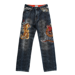 长裤 络缲魂KARAKURI和柄浮世绘腾龙啸虎刺绣男式 直筒牛仔裤