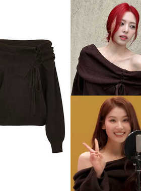 Sana张元英同款PAIN OR PLEASURE露肩绑带灯笼袖针织毛衣上衣女