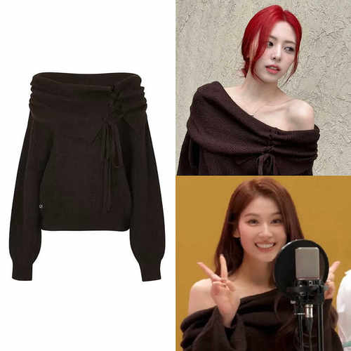 张元英Sana同款露肩针织毛衣上衣