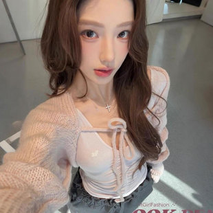 潘白雪同款 纯欲温柔风V领褶皱长袖 T恤女收腰修身 甜美上衣 tht法式