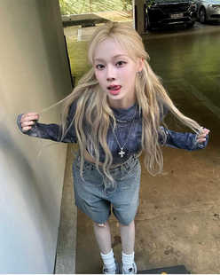 金玟庭Winter同款NASTY FANCY牛仔印花连帽上衣薄透网纱防晒衣女