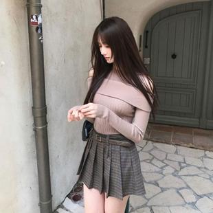 毛衣修身 长袖 上衣女 温柔挂脖一字肩露肩针织衫 labelleblanc法式