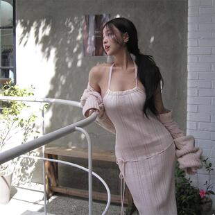 露背连衣裙挂脖裙背心麻花针织开衫 INS博主同款 纯欲少女系带修身