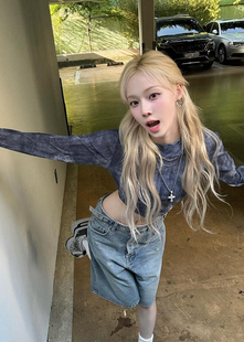 AESPA金玟廷Winter同款ASIFCAILE复古美式辣妹牛仔裤五分裤短款女