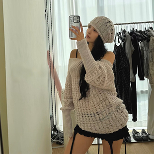 宽松上衣外套罩衫 罩衫 女 针织衫 复古设计感镂空编织透视一字肩长袖