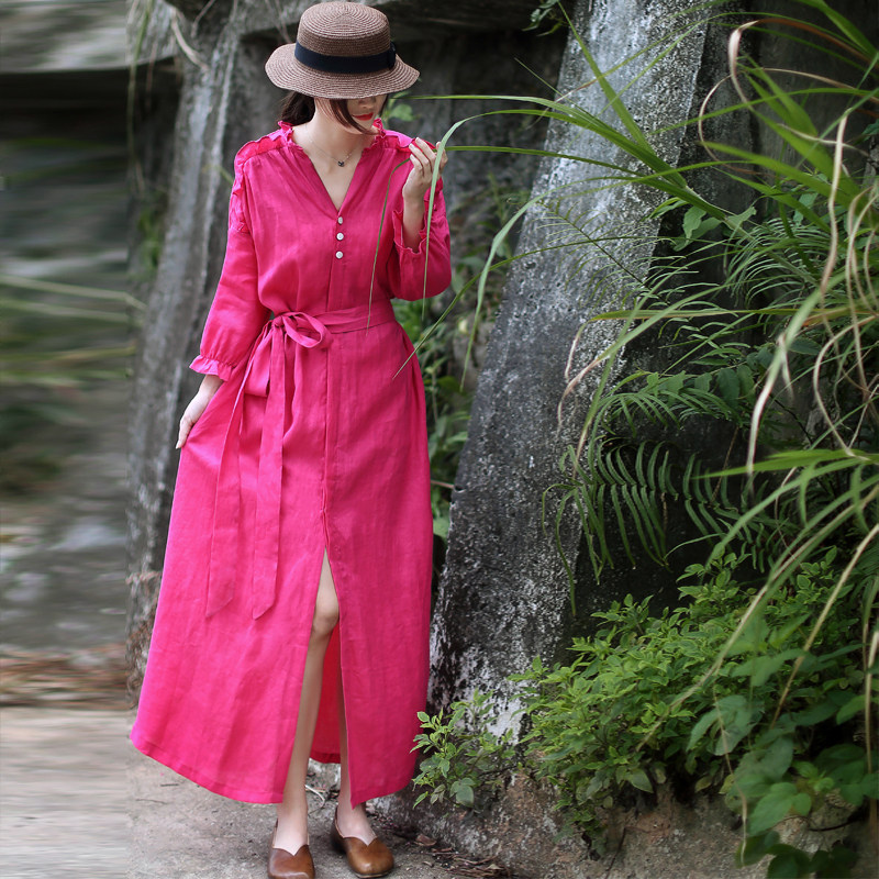 特价清仓！！！纯苎麻高端品牌夏春秋棉麻宽松大码中长款连衣裙女