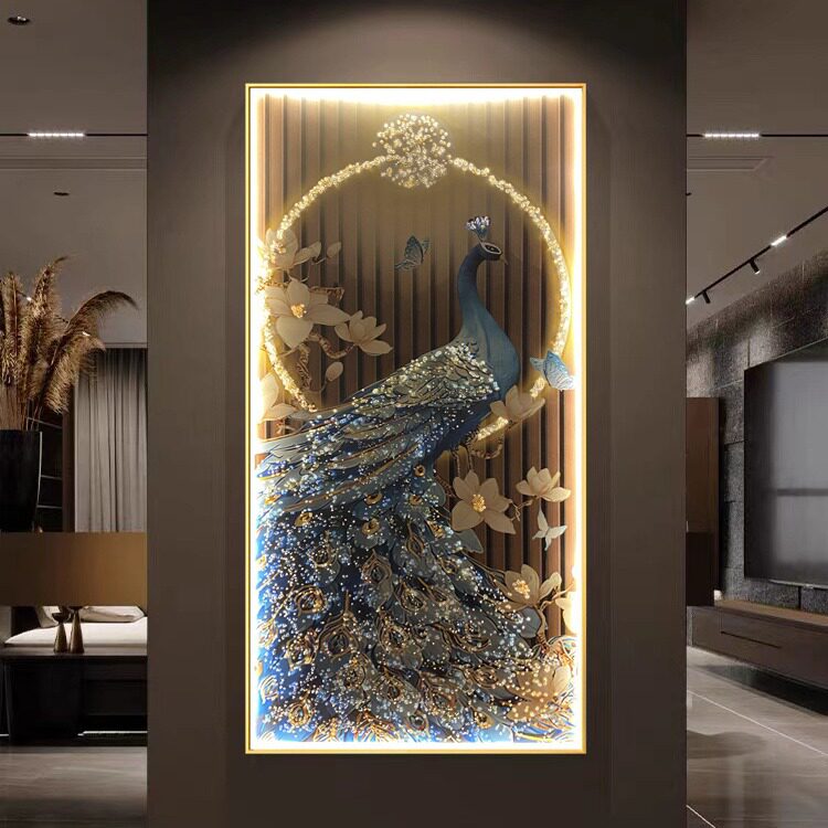 孔雀玄关装饰画高级感入户正对门