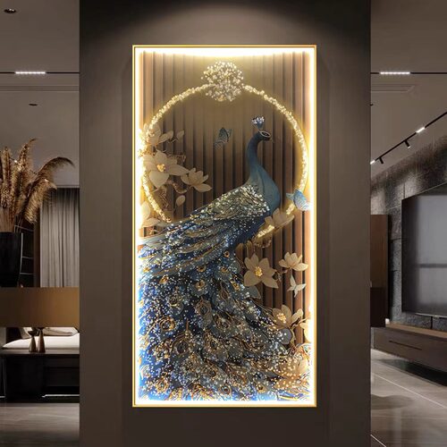 孔雀玄关装饰画高级感入户正对门