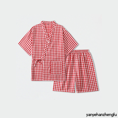 新款汗蒸服纯棉女士高档格子日式系带男女款开衫桑拿按摩服足浴服