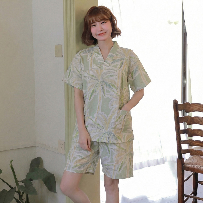 夏季纯棉短袖V领桑拿服情侣款