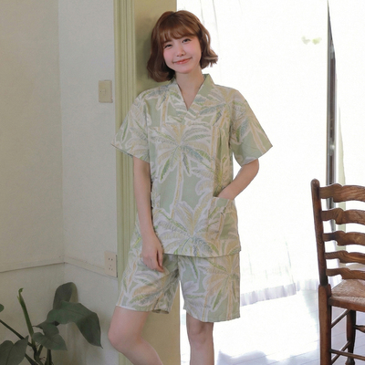 夏季纯棉短袖V领桑拿服情侣款