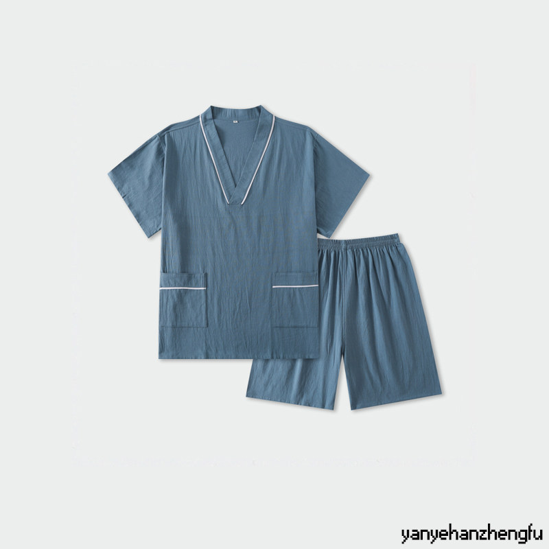 新款汗蒸服男款纯棉开衫居家风女大码情侣睡衣家居服桑拿服按摩服