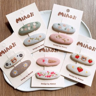 新款 儿童布艺刺绣花朵发夹女童可爱卡通发卡宝宝侧边刘海碎发BB夹