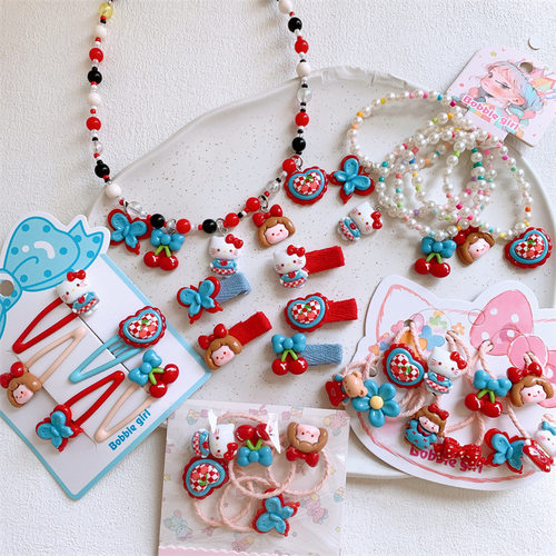 新款儿童红蓝cp可爱卡通小猫发夹发圈小女孩串珠项链手链组合发饰