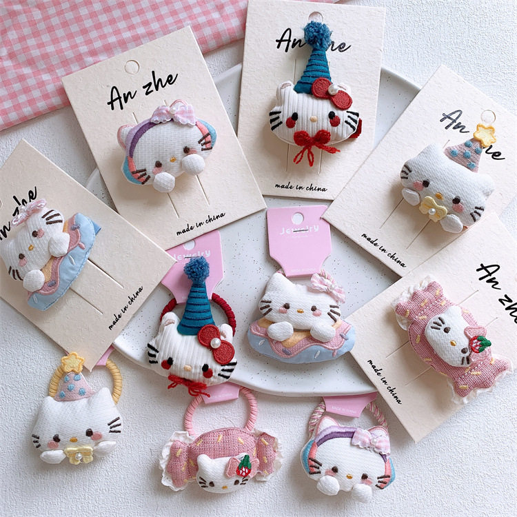 新款儿童可爱卡通猫咪发夹甜美少女侧边刘海夹扎马尾皮筋发圈头绳