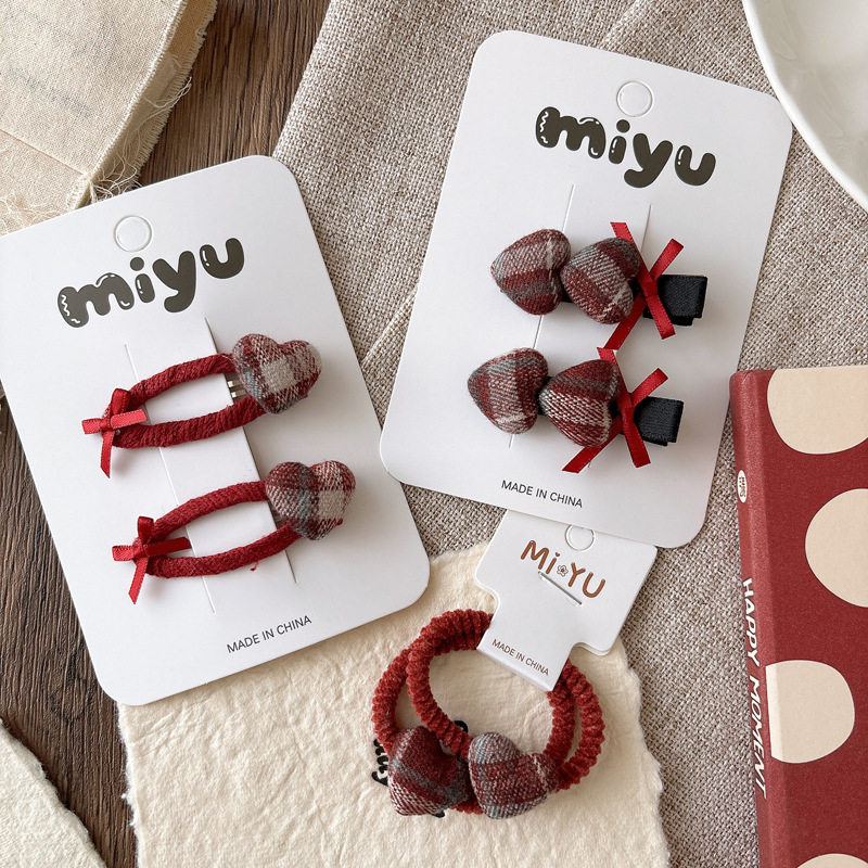 韩版甜美红色格纹爱心儿童bb夹百搭蝴蝶结女童秋冬发夹侧边发饰