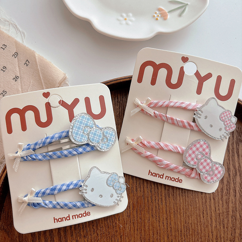 新款甜美绕布格子大号可爱kt猫咪女孩刘海发夹侧边bb夹卡通发卡