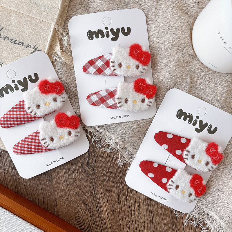 可爱卡通红色猫咪女孩侧边刘海格纹bb夹百搭心波点发夹发饰