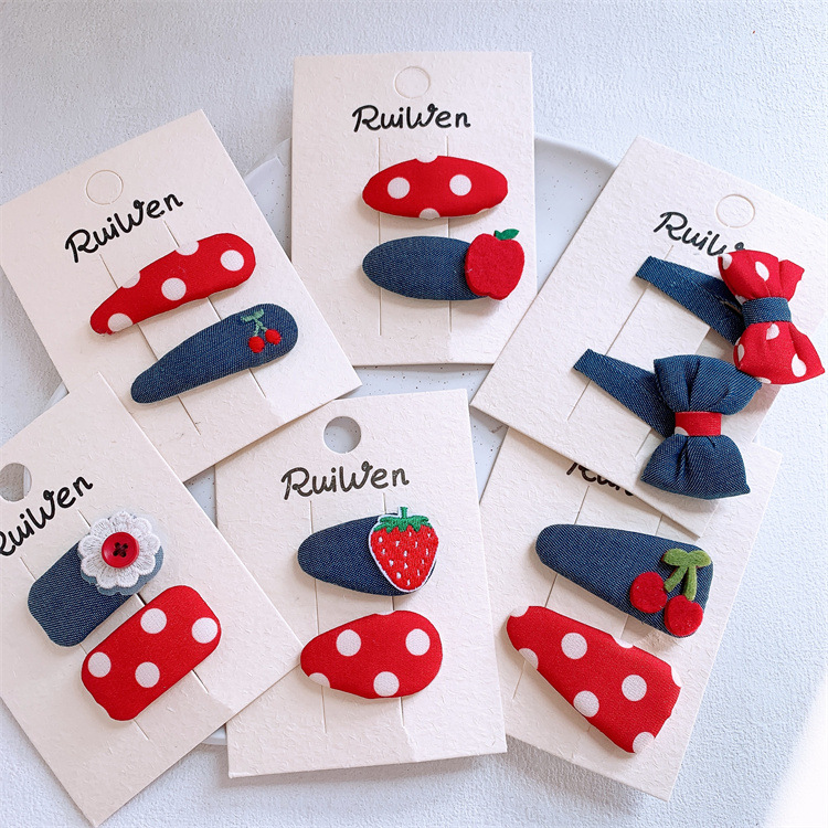 新款儿童红蓝撞色蝴蝶结圆点发夹甜美女童水果侧边刘海夹碎发BB夹